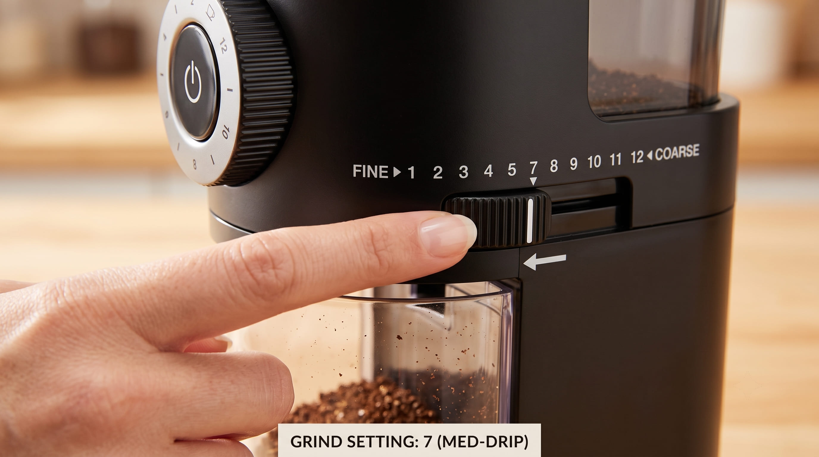 KRUPS Precision Burr Grinder dial showing 12 grind settings from fine to coarse
