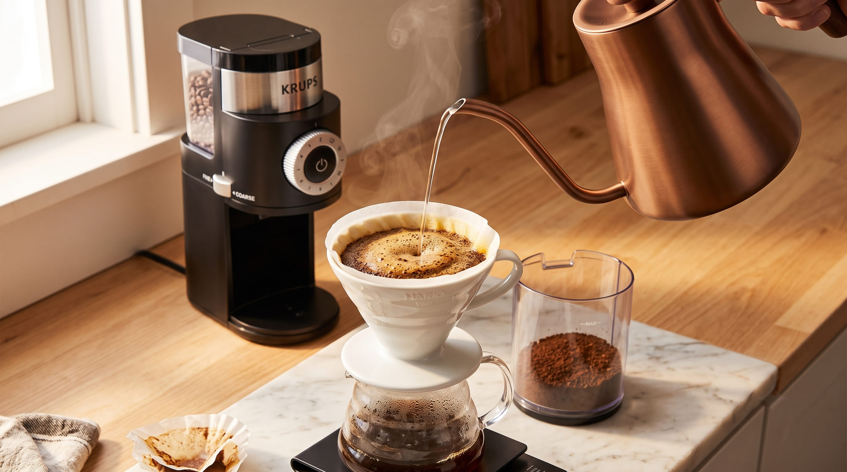 KRUPS Precision Burr Grinder beside a pour-over dripper setup with freshly ground coffee ready to brew