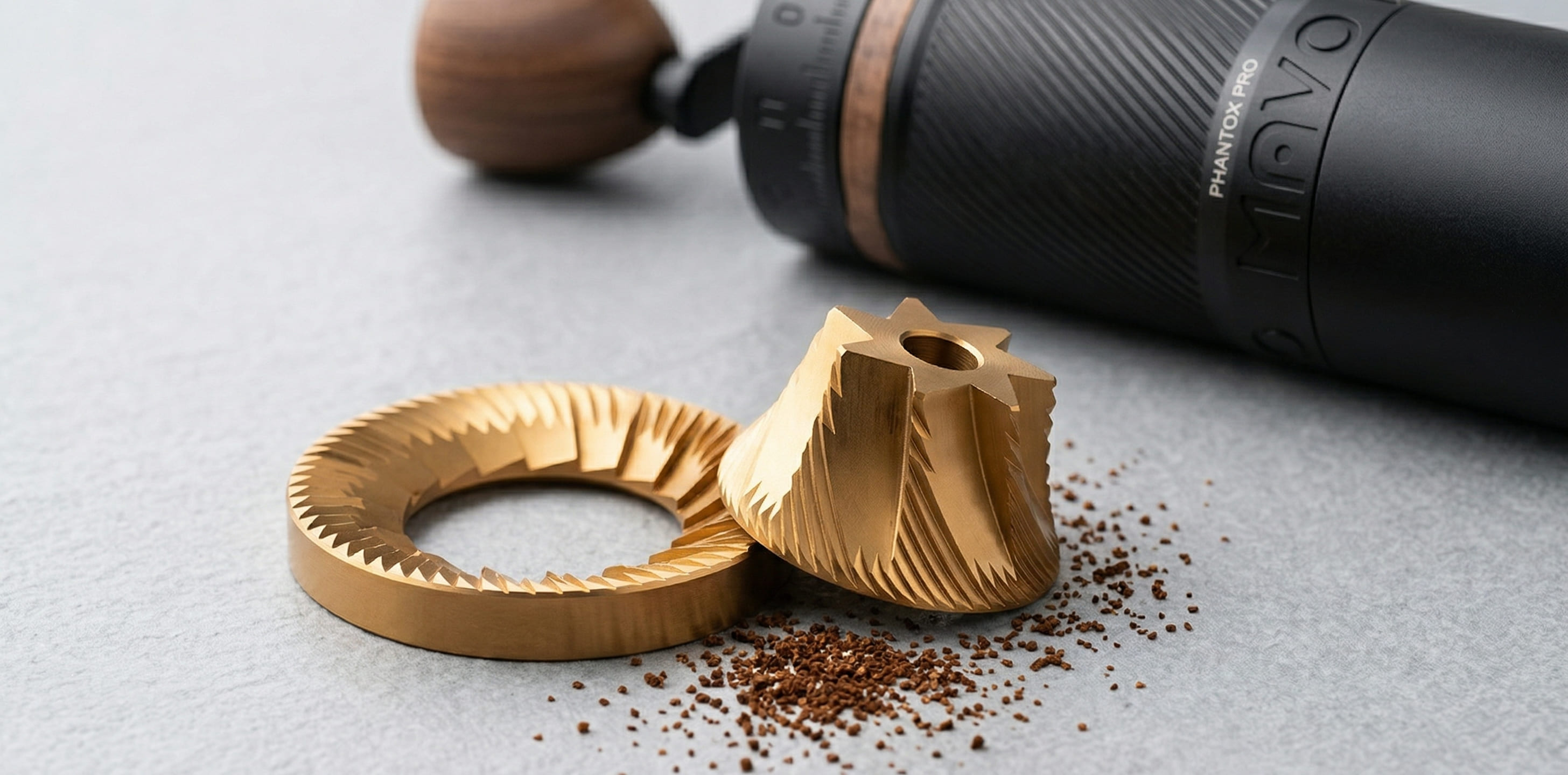 Mavo Phantox Pro titanium nitride coated 38mm conical burrs precision milled cutting geometry premium mavo phantox pro hand grinder burr set