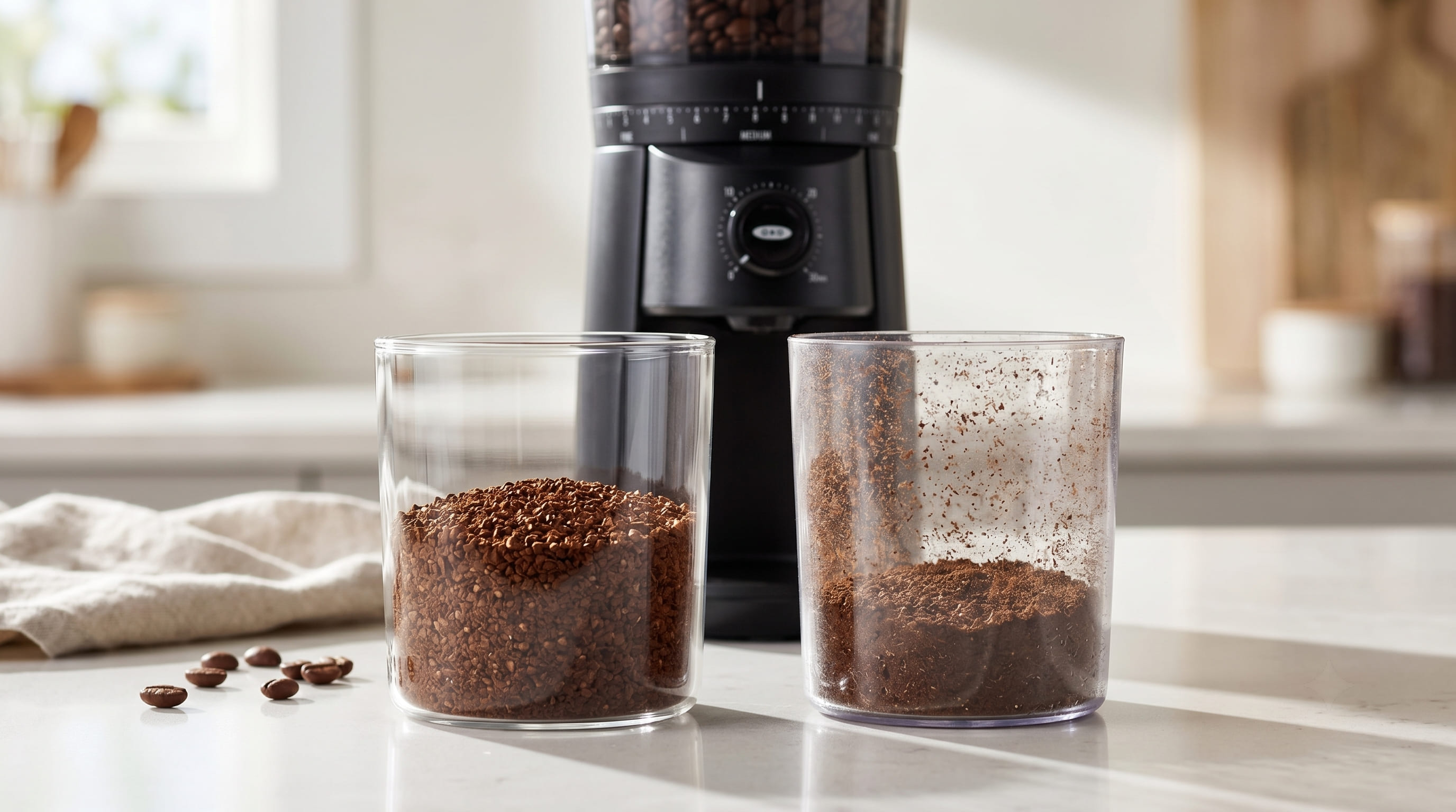 OXO Brew borosilicate glass grounds container with freshly ground coffee — no static cling on the glass walls