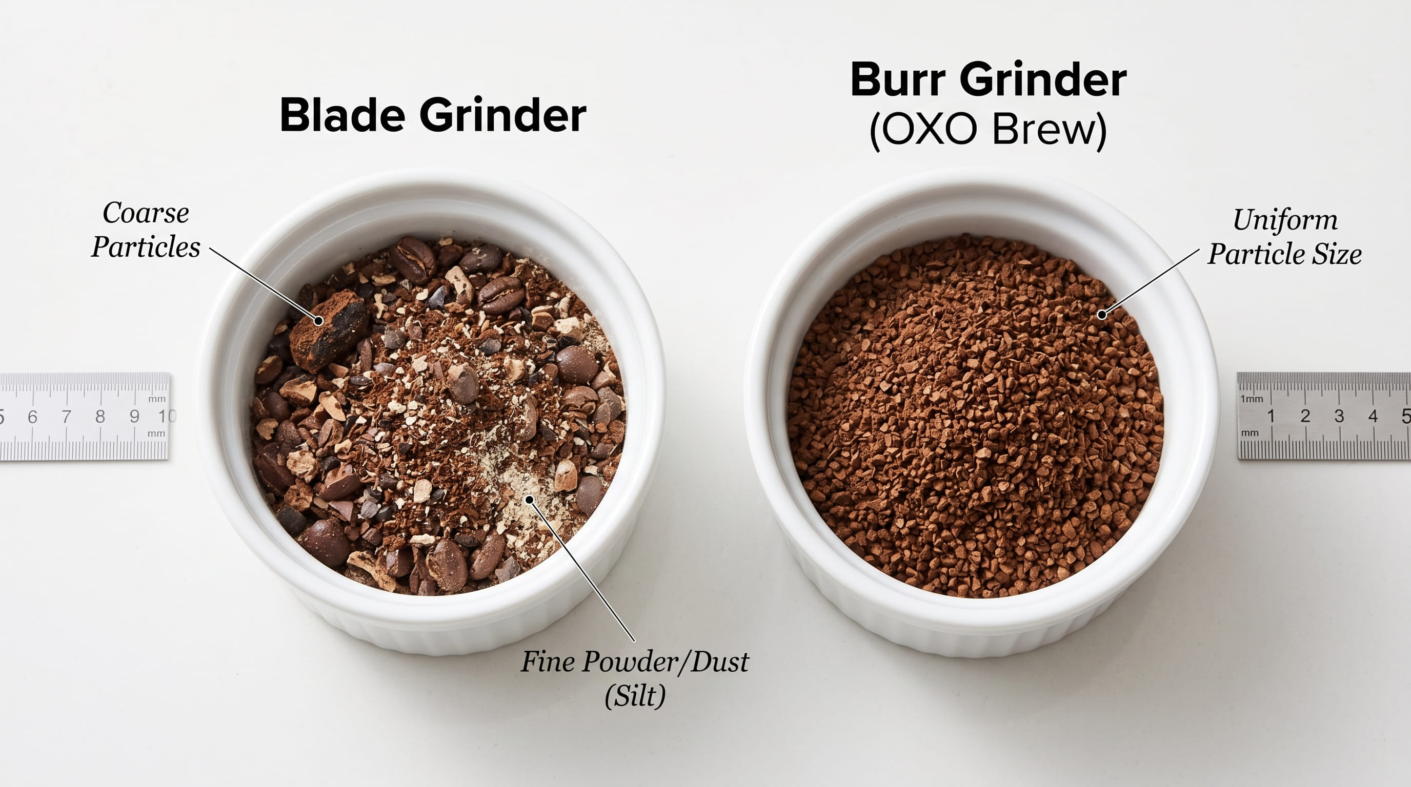 Blade grinder vs OXO Brew burr grinder ground coffee comparison showing visibly more uniform particle size