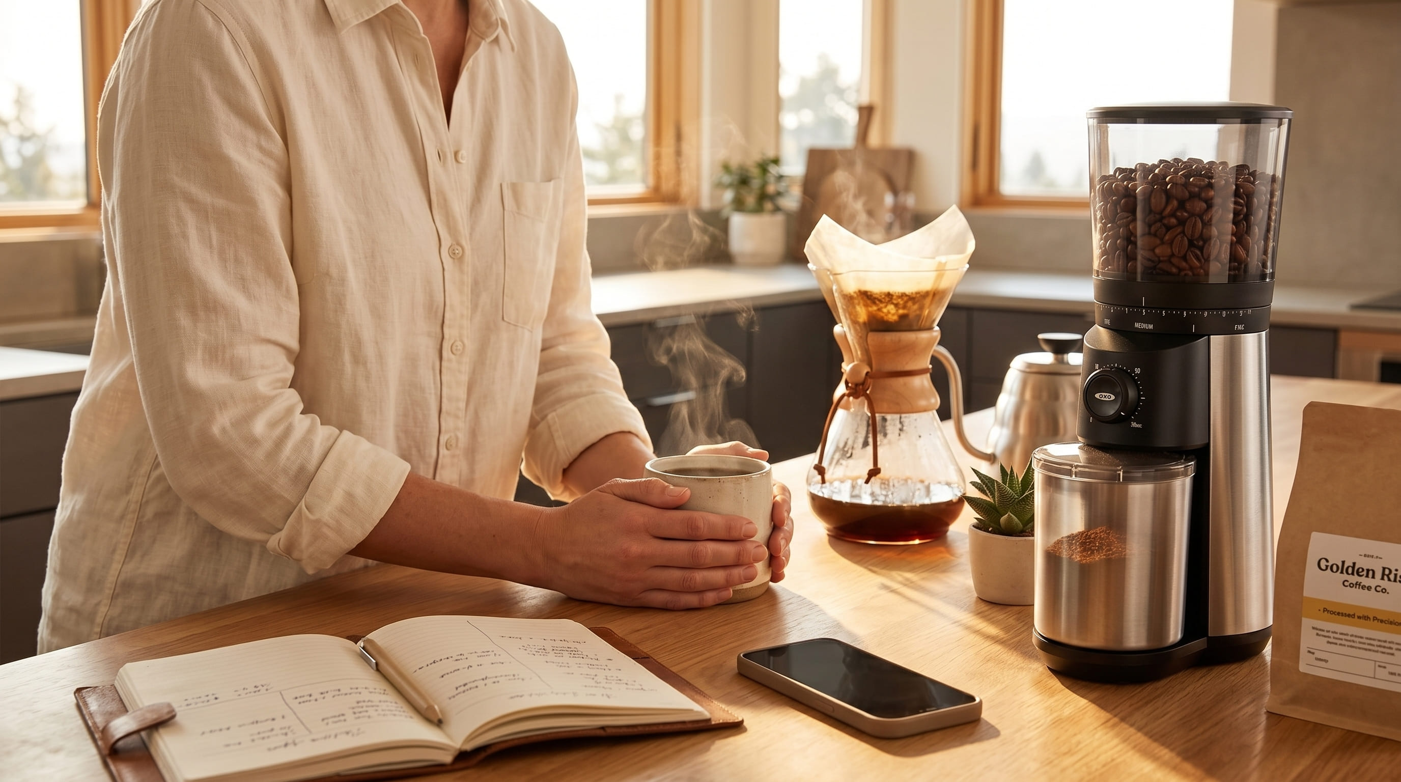 OXO Brew Conical Burr Grinder in a warm morning kitchen beside a pour-over setup — freshly brewed coffee in hand