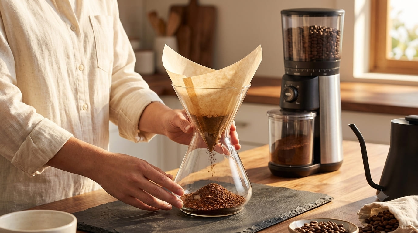 OXO Brew ground coffee being transferred to a Hario V60 pour-over dripper on a wooden kitchen counter
