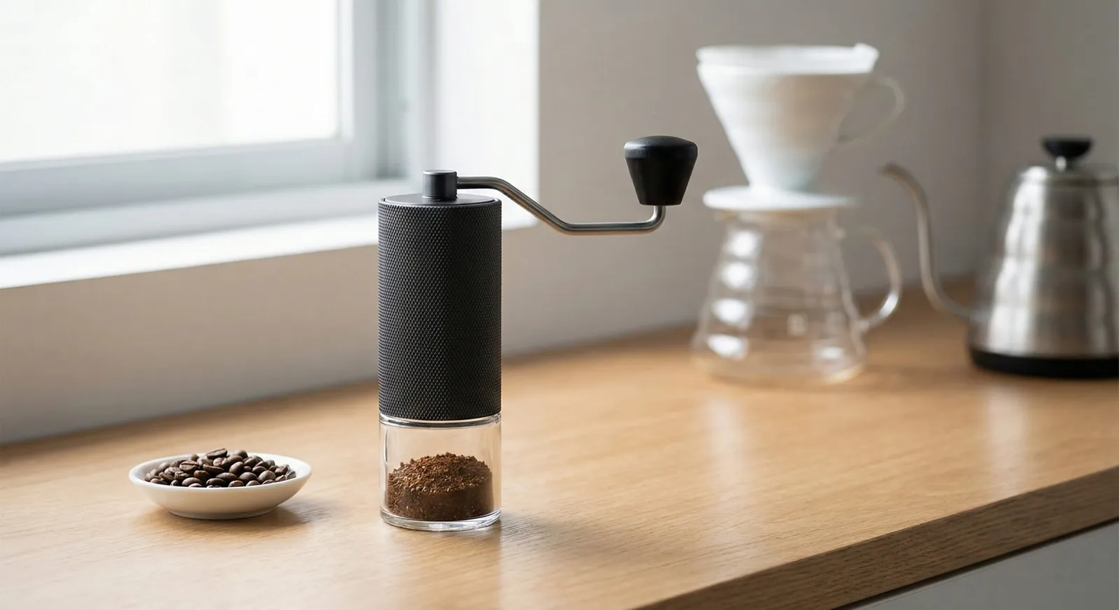 Timemore Chestnut C3 portable hand grinder with an aluminum body and foldable handle