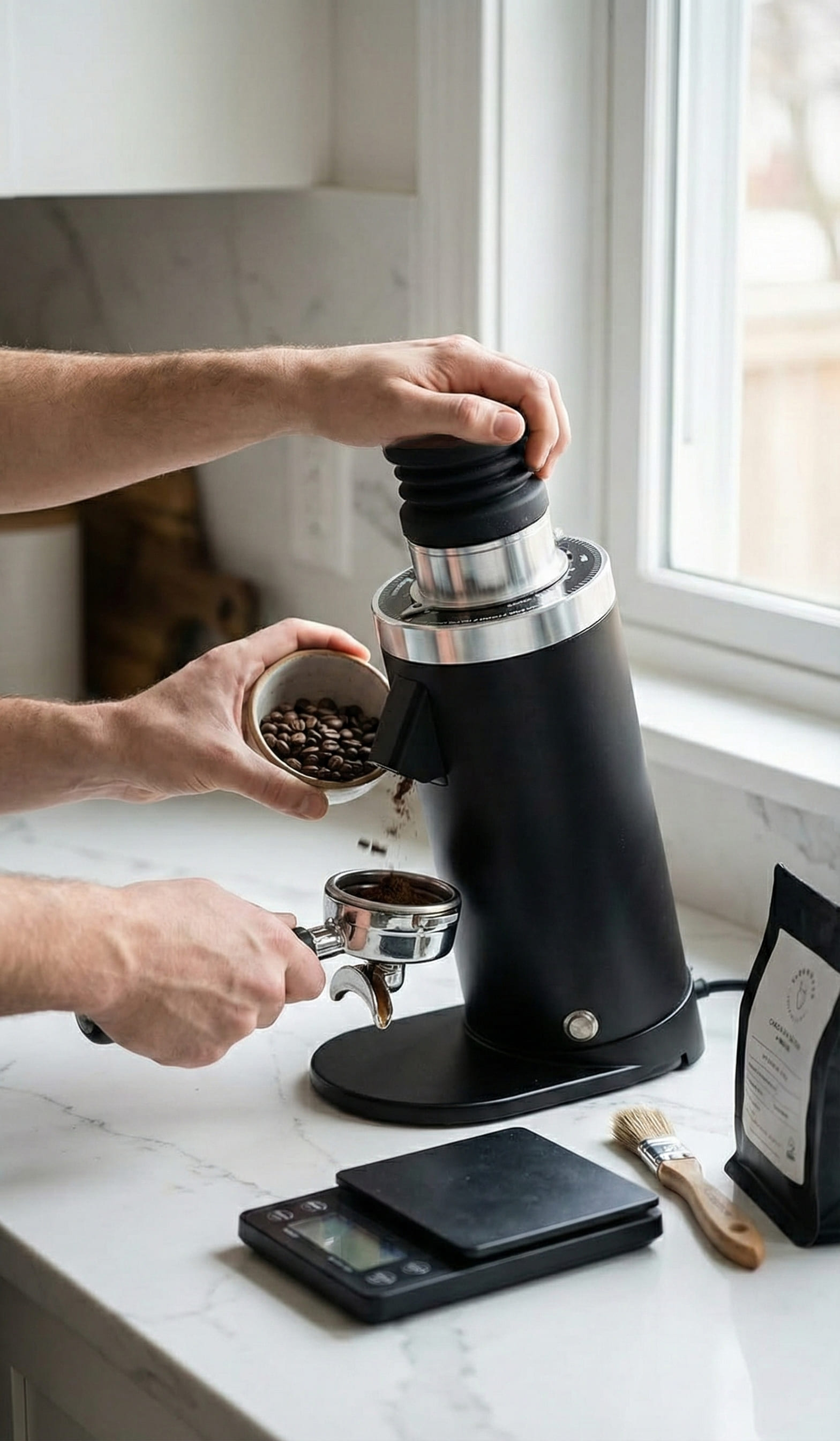Turin DF64 V5 single-dose hopper and bellows system with specialty coffee beans demonstrating zero-retention workflow for bean rotation
